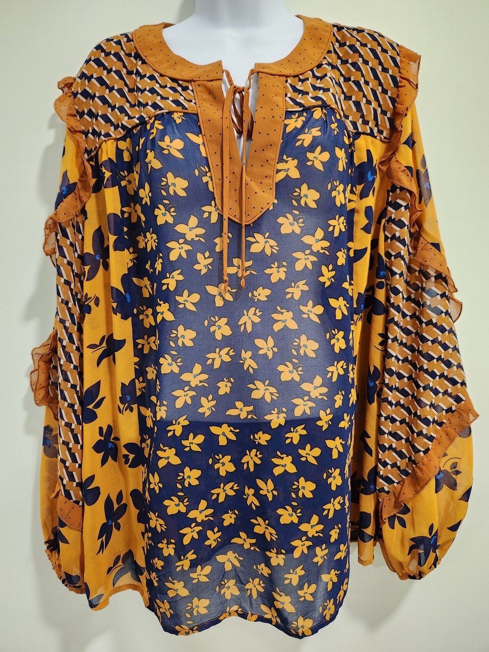 CAbi Mustard and Navy Floral Tie-Neck Blouse